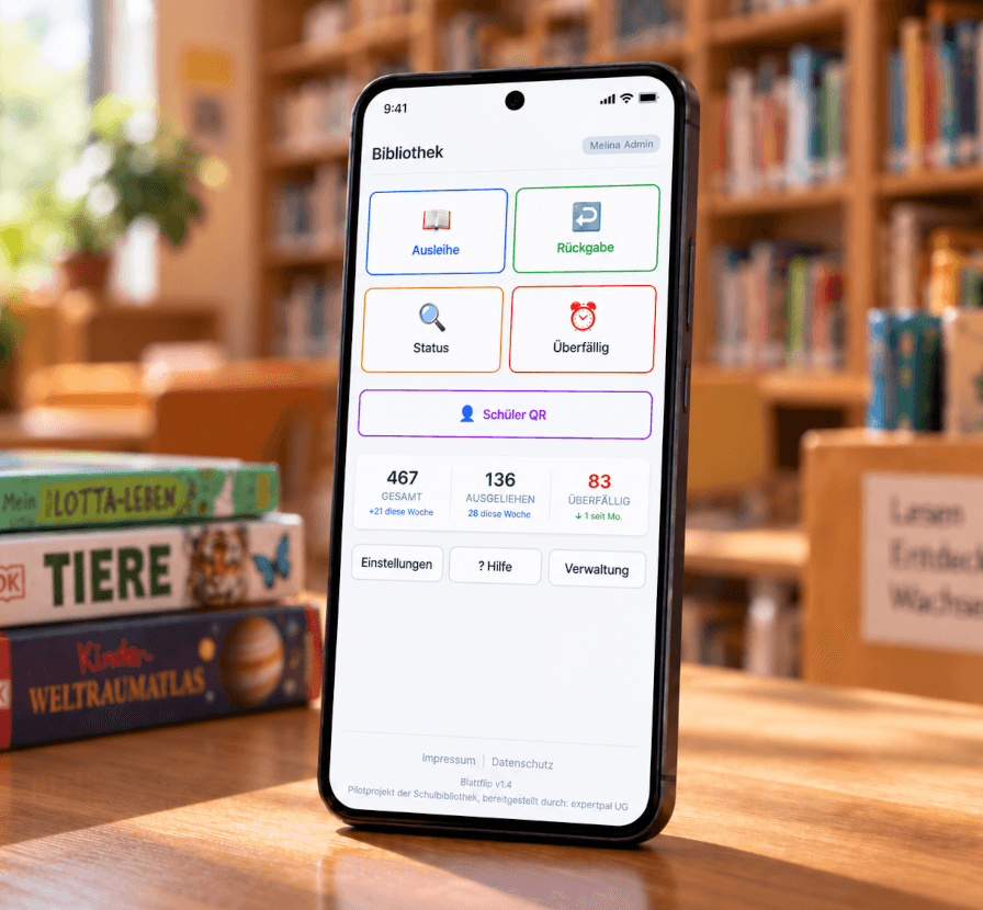 Blattflip school library software shown on a smartphone in a library