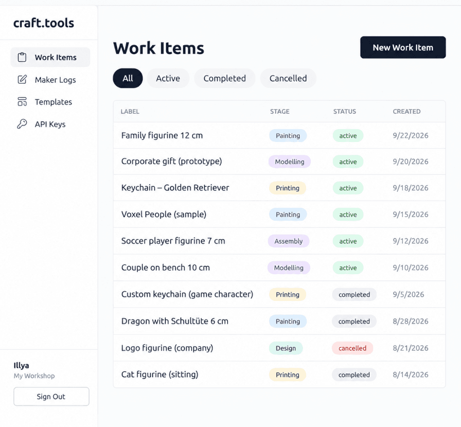 craft.tools interface showing a list of production work items with workflow stages and status labels